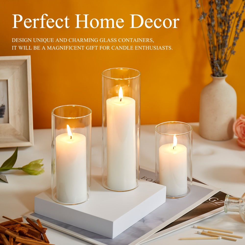 Pillar Candles with Clear Glass Hurricane Holders, Unscented White Cylinder Candles & Vases for Wedding Centerpieces