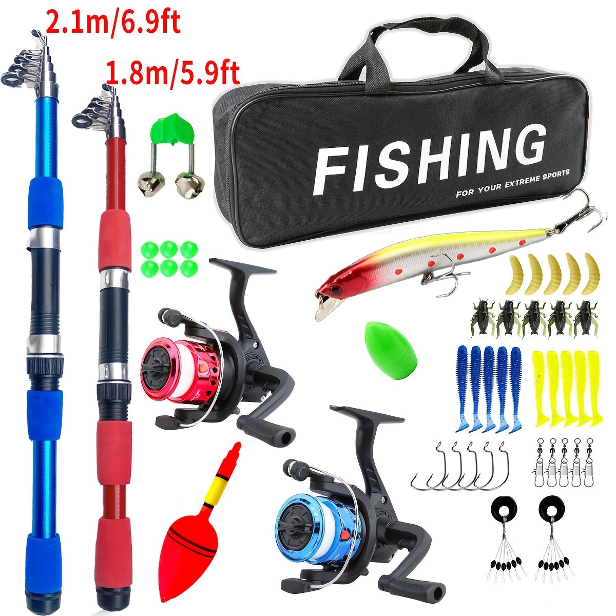 Beginner Fishing Rod & Reel Set – Couple Double Rod Wheel Kit with Red & Blue Fishing Poles 70.87" & 82.68"