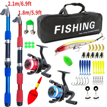 Beginner Fishing Rod & Reel Set – Couple Double Rod Wheel Kit with Red & Blue Fishing Poles 70.87" & 82.68"