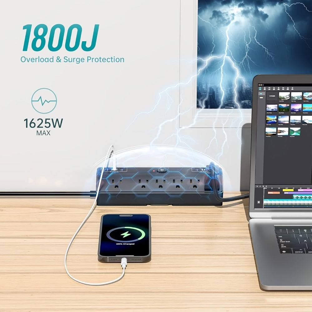 Power Strip Desk Clamp 12-in-1 with 6 AC Outlets, 4 USB-A, Dual PD 20W USB-C and 1800J Surge Rating
