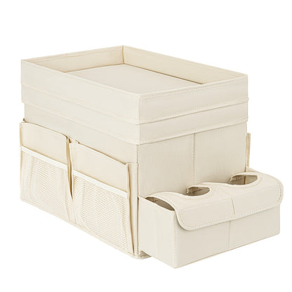Seat-Top Car Organizer Box with Open Tray, Cup Recesses, Side Pockets and Four Size-Color Options