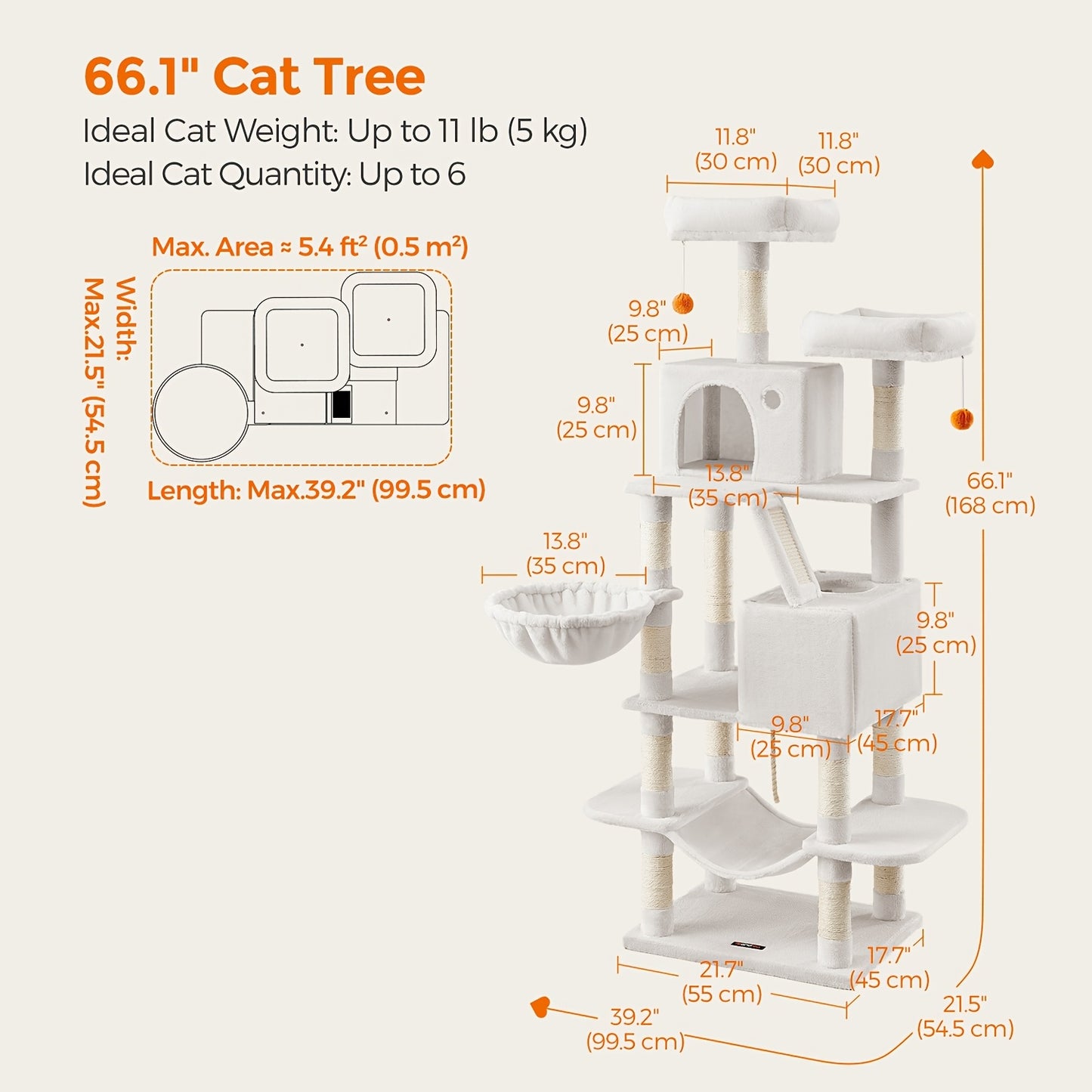 Cat Tree Tower Multi-Level Condo – 44in & 66in with Cozy Cave, Plush Hammock, 4 Sisal Scratching Posts & 2 Perches | Anti-Tilt Stable Cat
