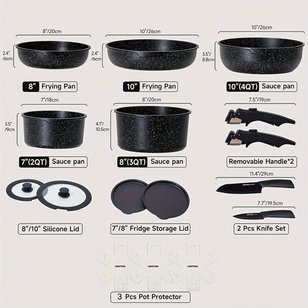 Cookware Set A Dinnerware 16- or 26-Piece Detachable-Handle Pots and Pans in Black or Beige for Compact Storage