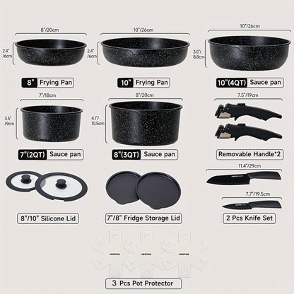 Cookware Set A Dinnerware 16- or 26-Piece Detachable-Handle Pots and Pans in Black or Beige for Compact Storage