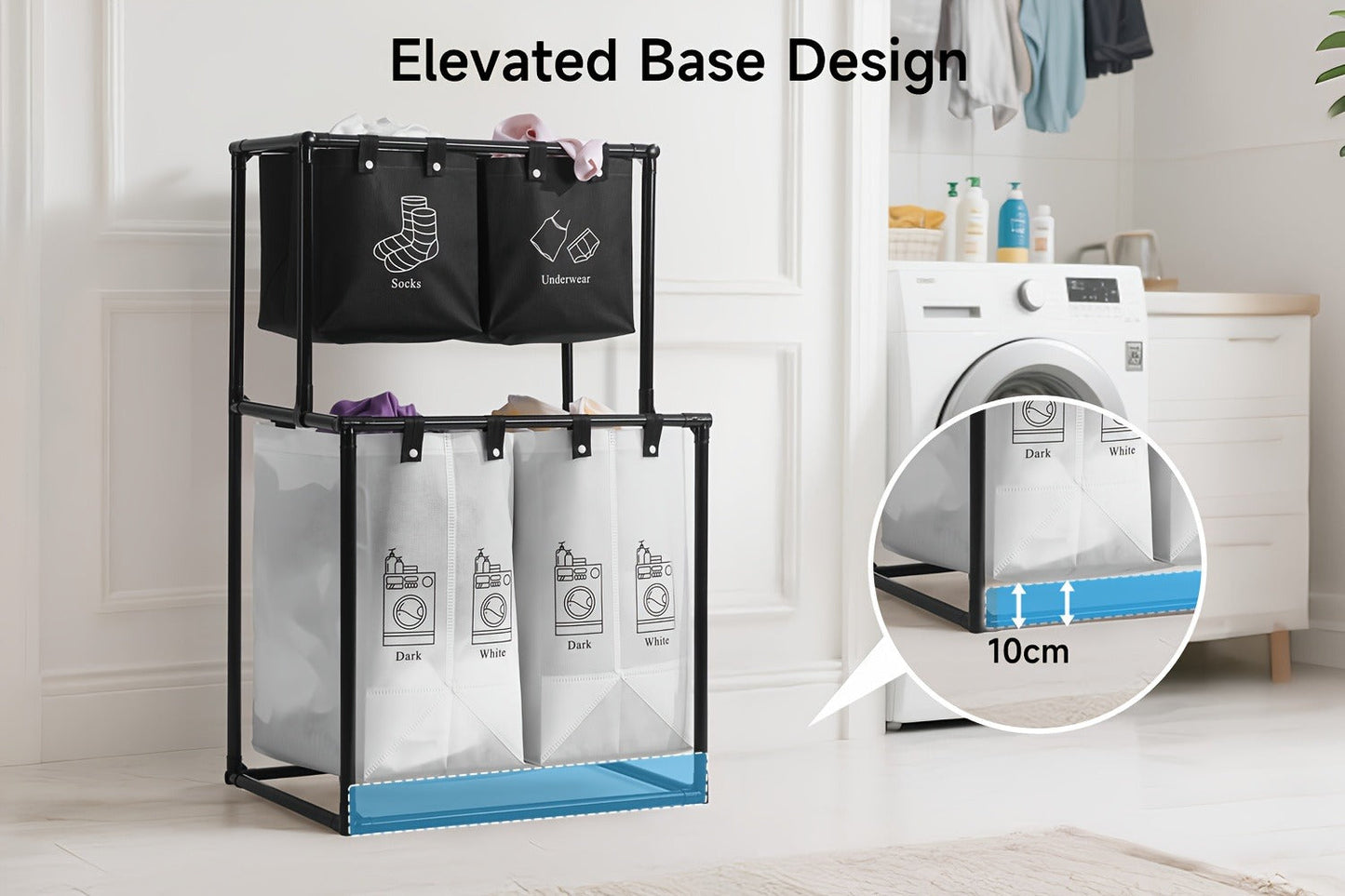 Laundry Sorter 2 Compartment Hamper – 2-Tier Metal Frame Laundry Hamper with Handles, Breathable Mesh Bags & Cable Ties