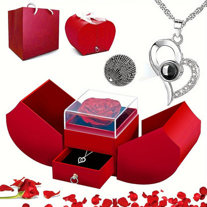 Preserved Real Rose Gift Box with I Love You in 100 Languages Necklace, Romantic Gifts for Girlfriend Wife Mom