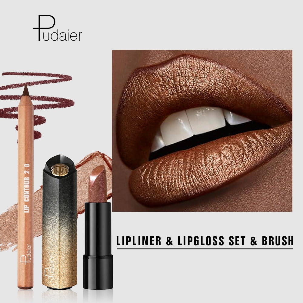 Golden Lipstick Set with Lip Liner Pencil 2 Piece, Brown Shimmer Lipstick and Nude Lip Liner