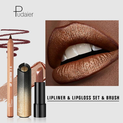 Golden Lipstick Set with Lip Liner Pencil 2 Piece, Brown Shimmer Lipstick and Nude Lip Liner