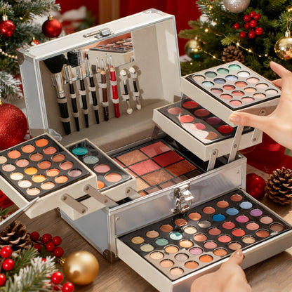 Portable Makeup Case Set with Fold-Out Color Palettes, Brush Collection and Silver or Leopard-Print Case Options