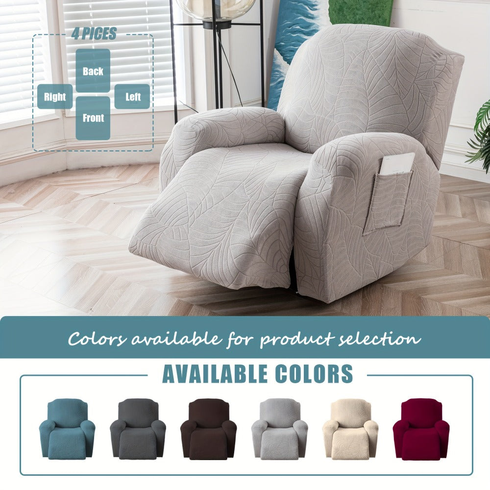 Recliner Chair Cover Slipcover 4-Piece Set – Leaf Jacquard Stretch Furniture Protector with Storage Pocket