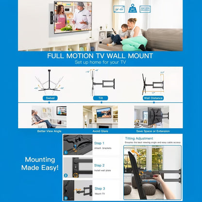 Compact Dual-Arm Full-Motion TV Wall Mount for 26-57 Inch Screens with Swivel, Tilt and Extension