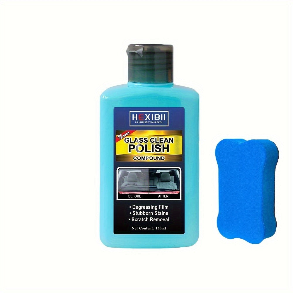 Car Glass Polish by HEXIBII, 150ml Oil-Film Cleaner Compound with Two Sponge Applicators for Windshields