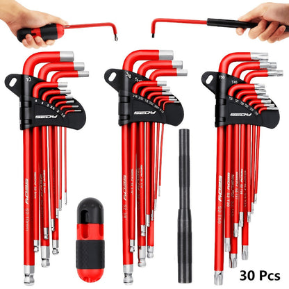 Hex Key & Torx Wrench Set 30-Piece – Long Arm Ball End Allen Wrenches with T-Handle & Extension Bar | SAE