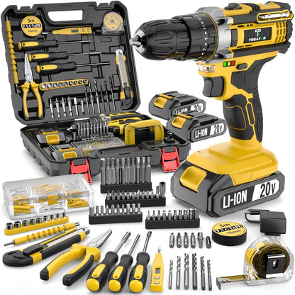 20V Cordless Drill Set Impact Power Drill 3/8 Inch Keyless Chuck 18+3 Clutch 45Nm Max Torque for Entryways, Bedrooms and Living Spaces