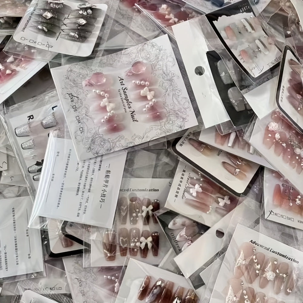 Press On Nails 288-Piece Mixed Square Oval Holiday Set with French Glitter Hearts and Leaves