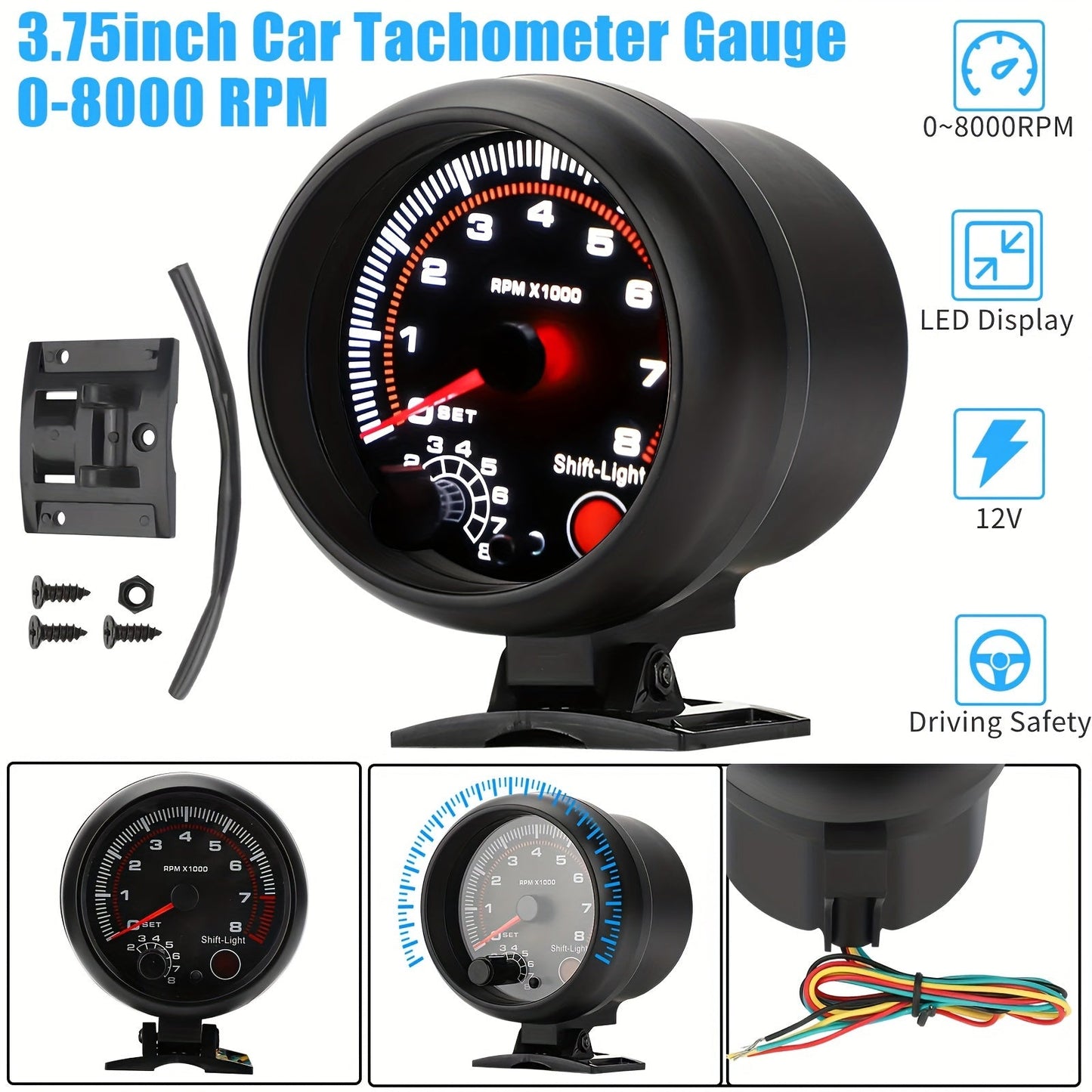 Car Tachometer Gauge 12V 0-8000 RPM 3.75 Inch – LED Shift Light, ABS Black Dial for 4 6 8 Cylinder Petrol Engines