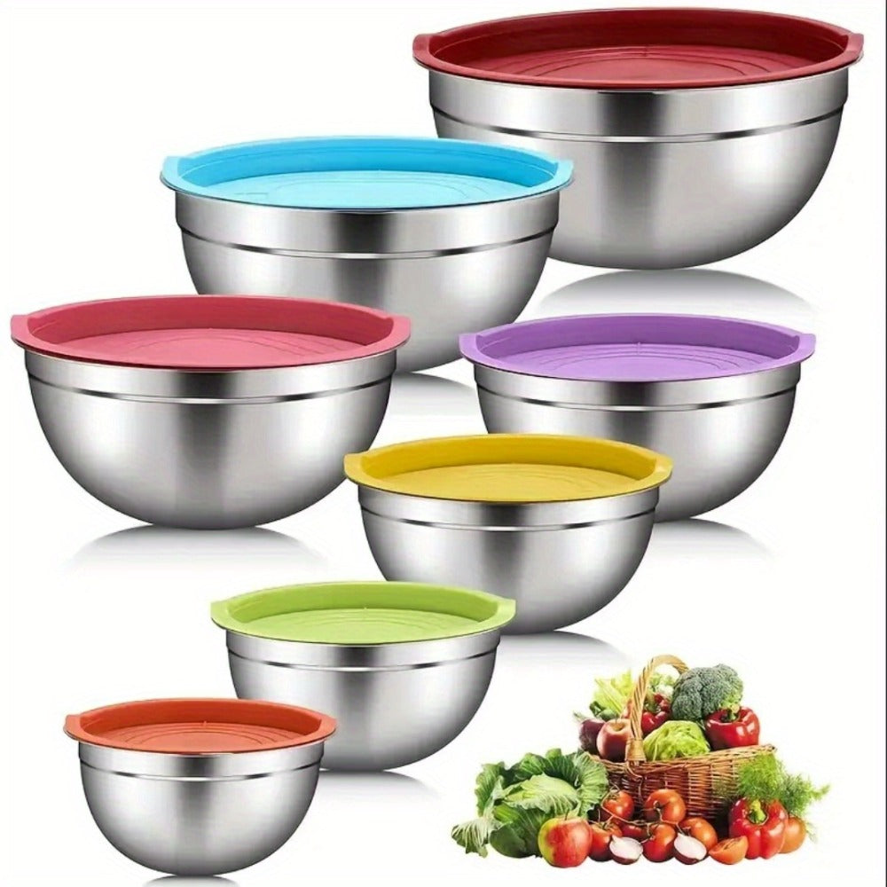 Stainless Steel Mixing Bowls with Airtight Lids Set of 14 Seven Nesting Bowls 0.7 to 4.5QT for Home Cooking, Dining and Outdoor Meals