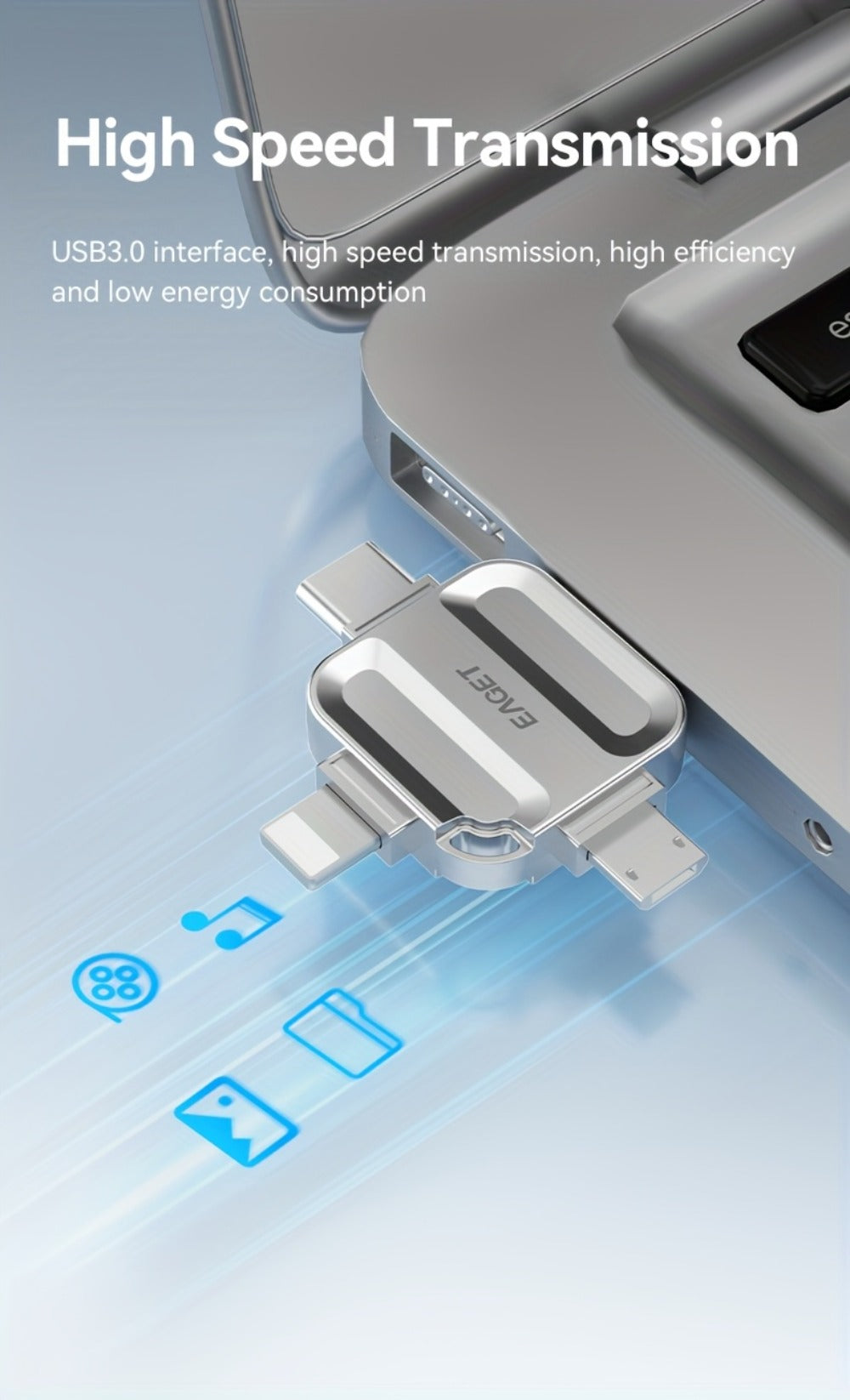 EAGET I50 iPhone Flash Drive USB 3.0 High Speed 4-in-1 Lightning Type-C Micro USB OTG Memory Stick 32GB 64GB 128GB 256GB for iPhone iPad