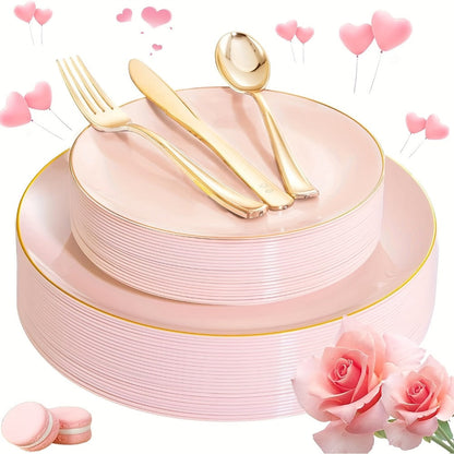 Disposable Plastic Plates Set 50 Piece – Pink Gold Rim Party Tableware with Dinner Plates, Dessert Plates & Utensils for Birthday Wedding