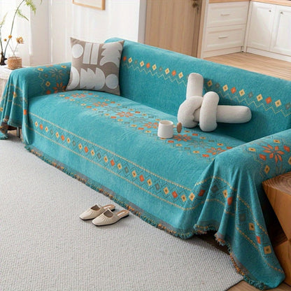 Sofa Cover Bohemian Embroidered Chenille Knit Throw with No Padding in Four Sizes and Five Colors