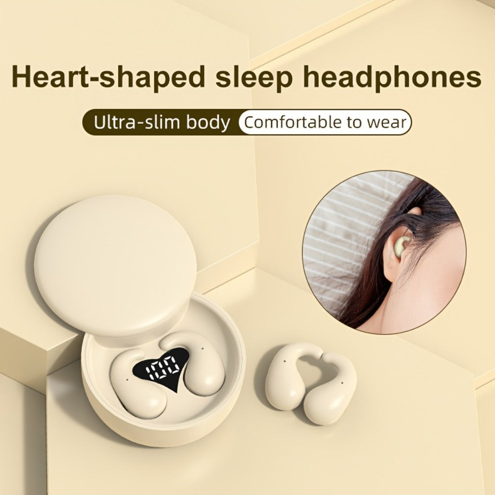 Heart-Shaped Bluetooth 5.4 Sleep Earbuds with Digital Charging Case in Black, White or Khaki