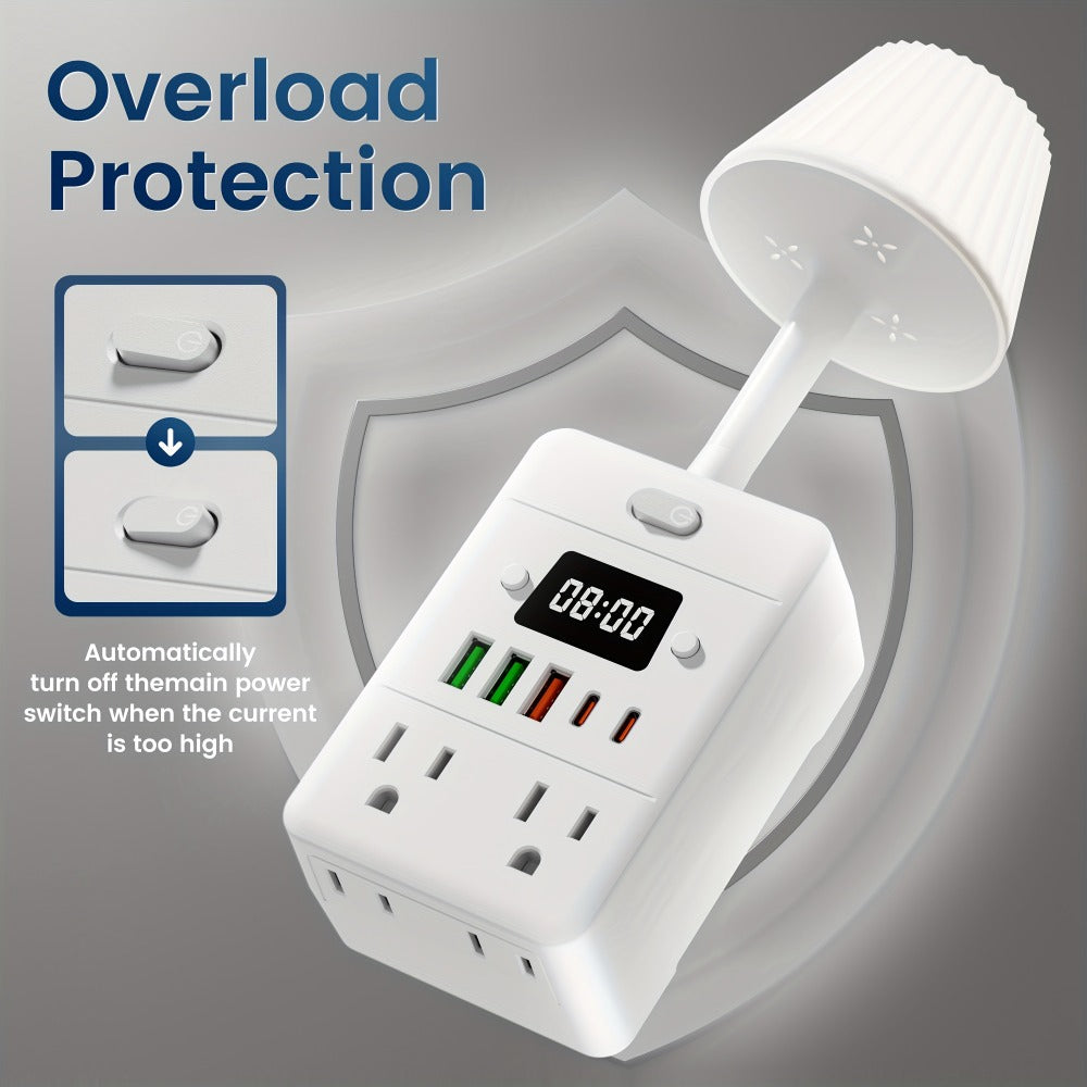 11-in-1 Multifunctional Power Strip with Desk Lamp & Digital Clock, 4 AC Outlets, 3 USB-A & 2 USB-C