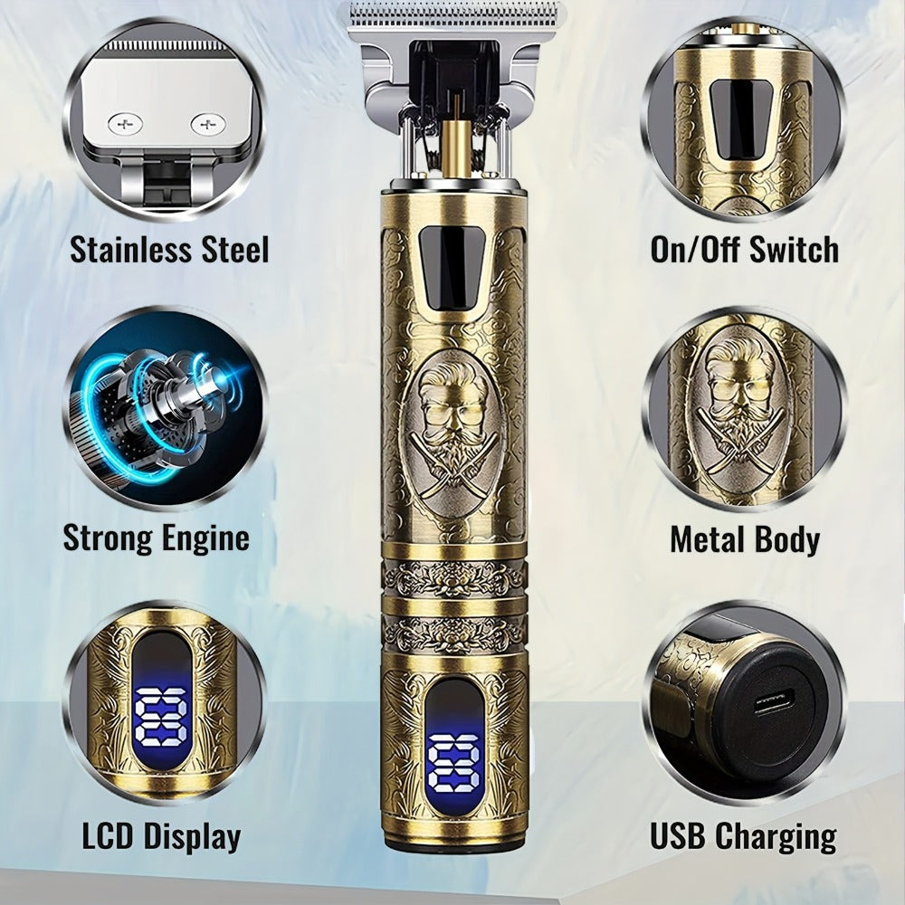 LED Hair Trimmer for Men – T-Blade USB Rechargeable 2000mAh, Vintage Dragon & Mustache Design, 4 Guide Combs, Cordless Precision Grooming