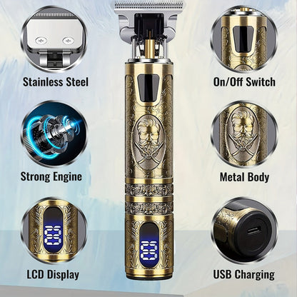 LED Hair Trimmer for Men – T-Blade USB Rechargeable 2000mAh, Vintage Dragon & Mustache Design, 4 Guide Combs, Cordless Precision Grooming
