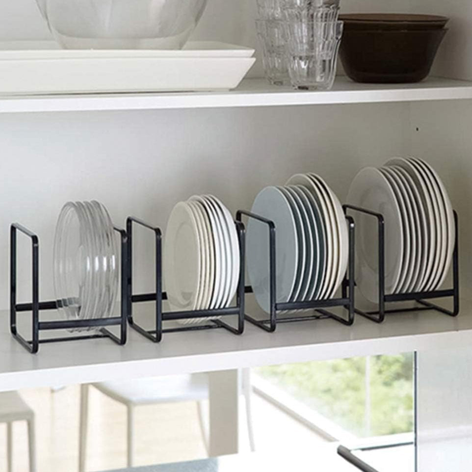 Four-Piece Black Dish Rack Set with Individual Plate Holders for Cabinets, Shelves or Kitchen Countertops