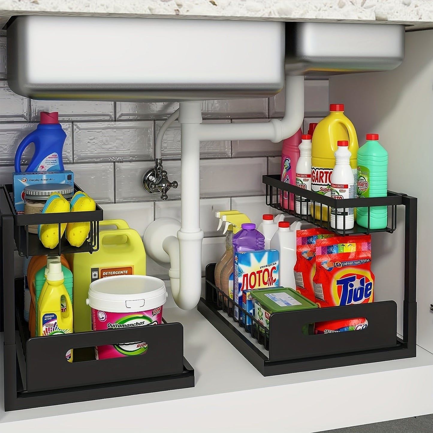 Under Sink Storage Organizer 2-Tier Slide-Out Shelf in 1 or 2 Packs and Three Color Options