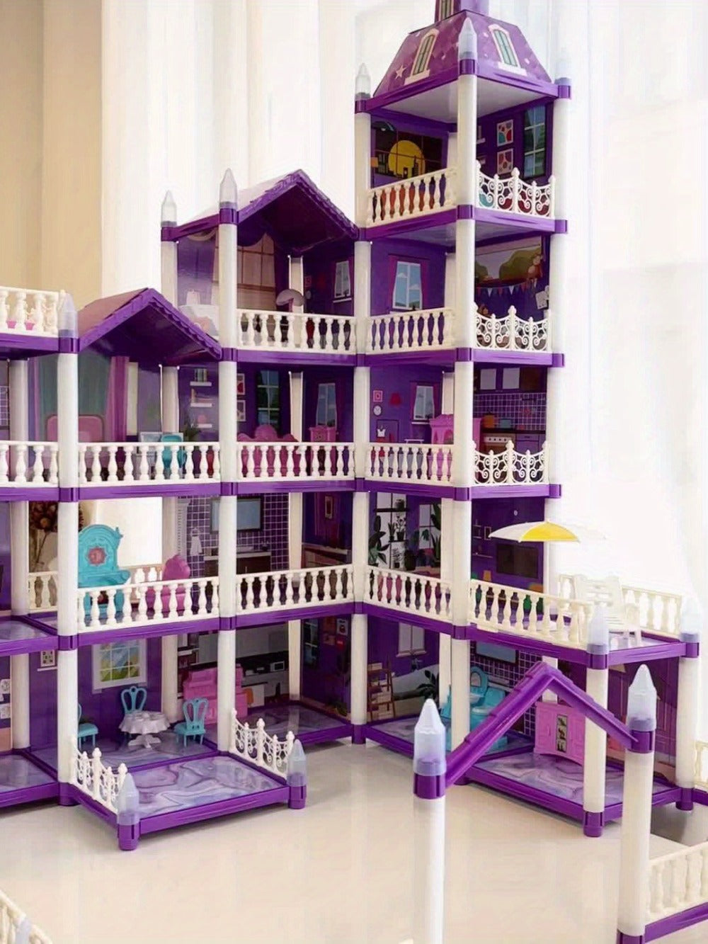 LED Dollhouse Playset for Girls, Purple Multi-Room Playhouse with Doll Figures, Puppies, Furniture & LED Lighting