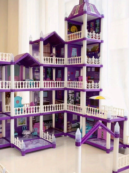 LED Dollhouse Playset for Girls, Purple Multi-Room Playhouse with Doll Figures, Puppies, Furniture & LED Lighting