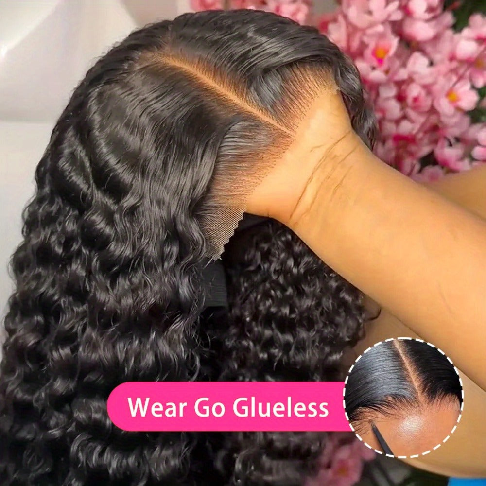 Lace Front Wig Deep Wave Human Hair, 28- or 34-Inch Natural Black with 13x4 HD Front and 250% Density