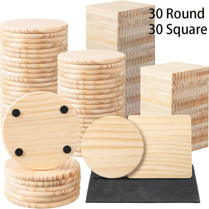 Unfinished Wood Coasters for Crafts 4 Inch Square and Round Wooden Coasters with Pad for DIY for Home Cooking, Dining and Outdoor Meals