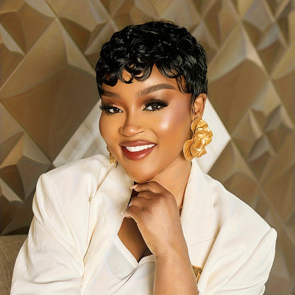 Wig Short Curly Pixie Bob in Natural Black, 6-Inch Human Hair with Bangs and Machine-Made Glueless Cap