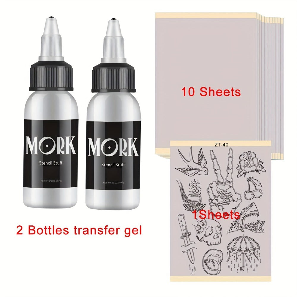 Tattoo Stencil Transfer Kit, 2x Transfer Gel, 10x A4 Blank Thermal Stencil Paper & 1x Pre-Drawn Pattern Sheet