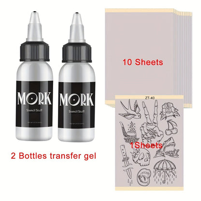 Tattoo Stencil Transfer Kit, 2x Transfer Gel, 10x A4 Blank Thermal Stencil Paper & 1x Pre-Drawn Pattern Sheet