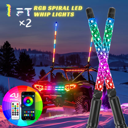 RGB LED Whip Lights for UTV ATV – 1ft/2ft/3ft/4ft Spiral Color Changing Neon Light Whips with Remote & App Control, Music Sync