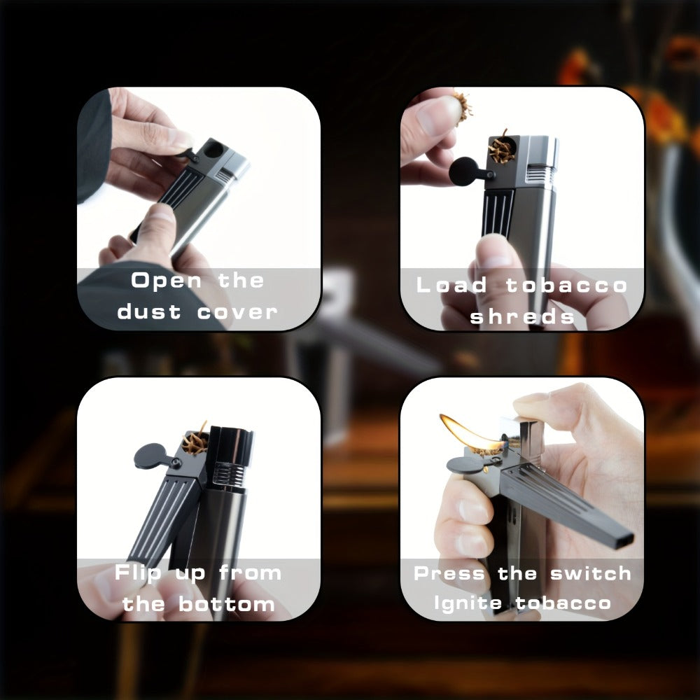 Folding Pipe Lighter Refillable 2-in-1 with Adjustable Flame, Metal-Crafted Durable Design, Gift Box Included