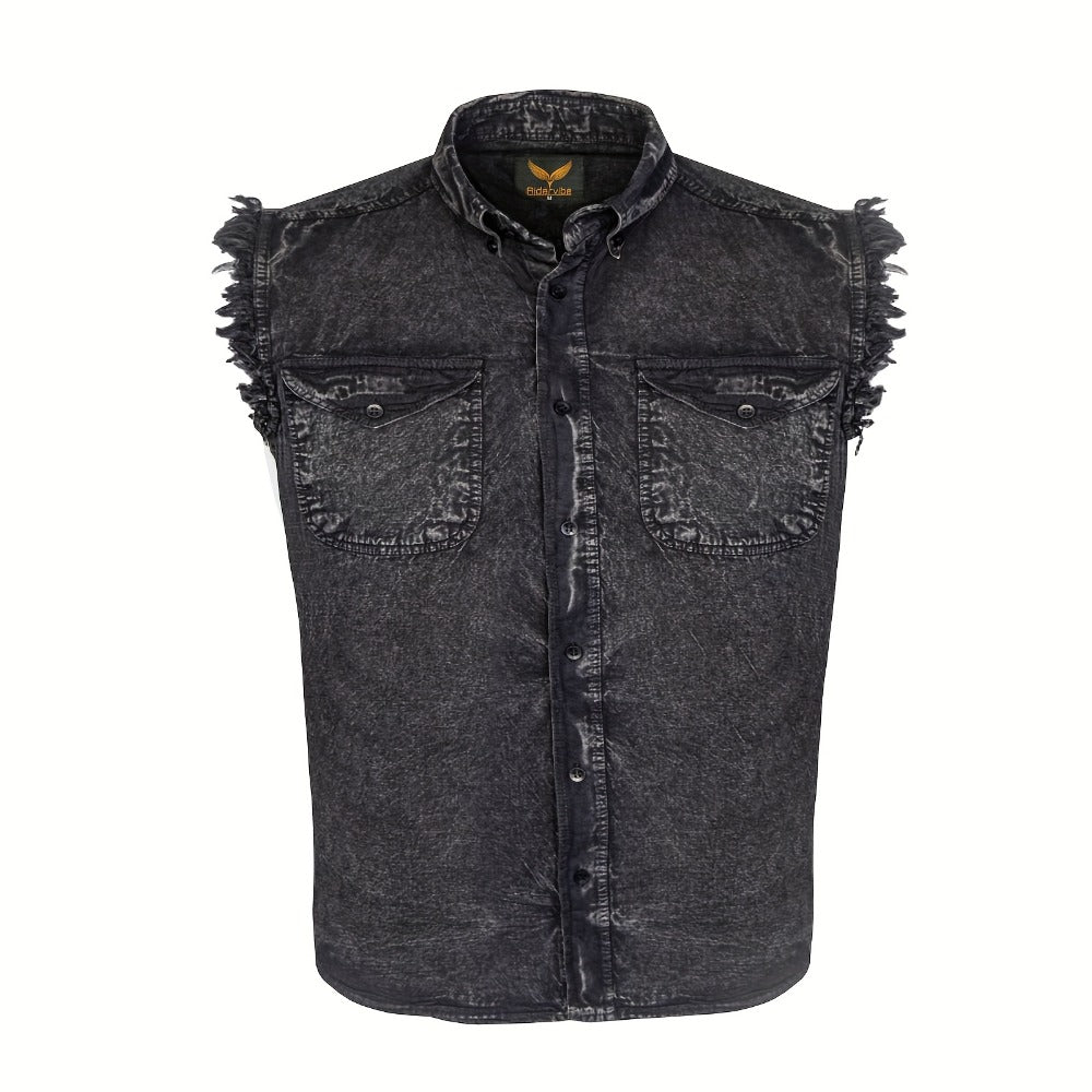 Men's Sleeveless Shirt – Fringe Hem Crew Neck Tank Top, Stonewash Cotton, Regular Fit for Streetwear, Beach & Vacation, Sizes M–XXXXL