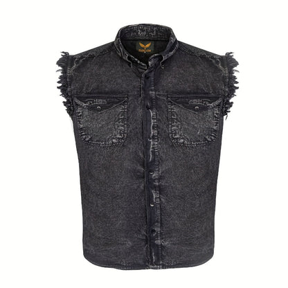 Men's Sleeveless Shirt – Fringe Hem Crew Neck Tank Top, Stonewash Cotton, Regular Fit for Streetwear, Beach & Vacation, Sizes M–XXXXL