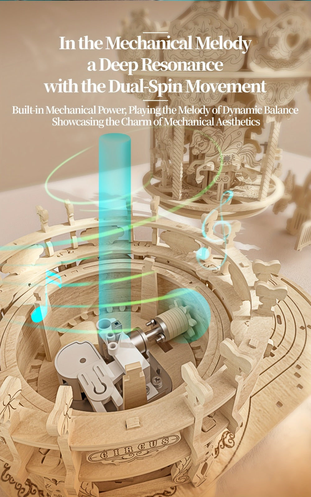 Rotating Merry-Go-Round Wooden Puzzle Kit, Mechanical Carousel 3D Model for Adults & Teens, DIY Kinetic Display Piece