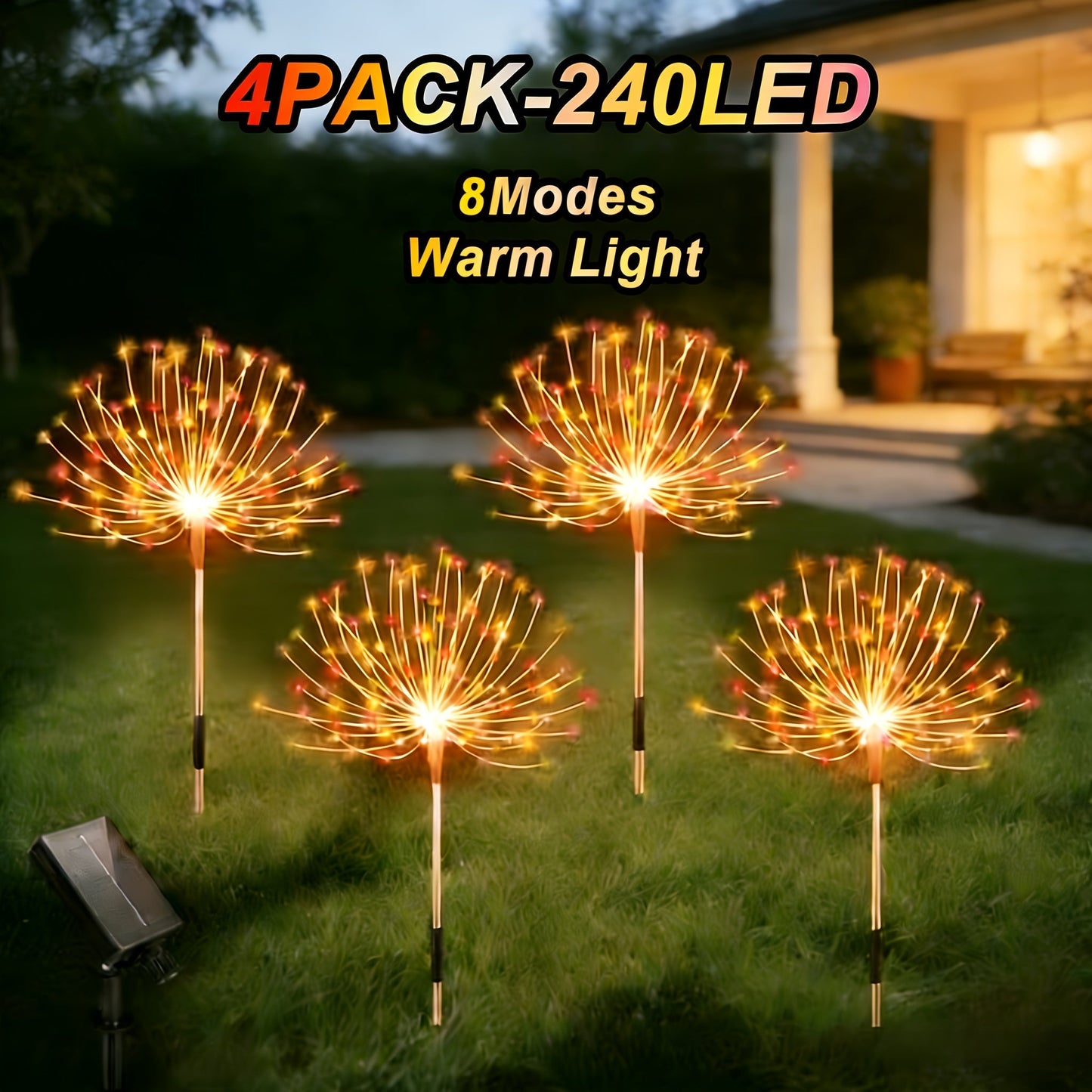 Solar Garden Lights Firework Stakes with 240/360/480 LEDs, 8 Modes, 4/8 Packs and Three Colors