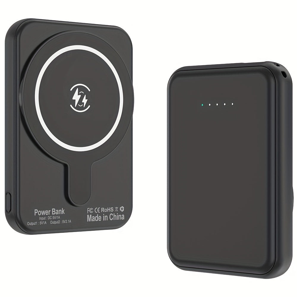 Black 10000mAh-Labeled Magnetic Wireless Power Bank with Dual USB-A Ports and Indicator Lights