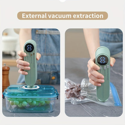 Compact Rechargeable Bag Vacuum Sealer with Digital Display, One-Touch Controls and Beige or Green Finish