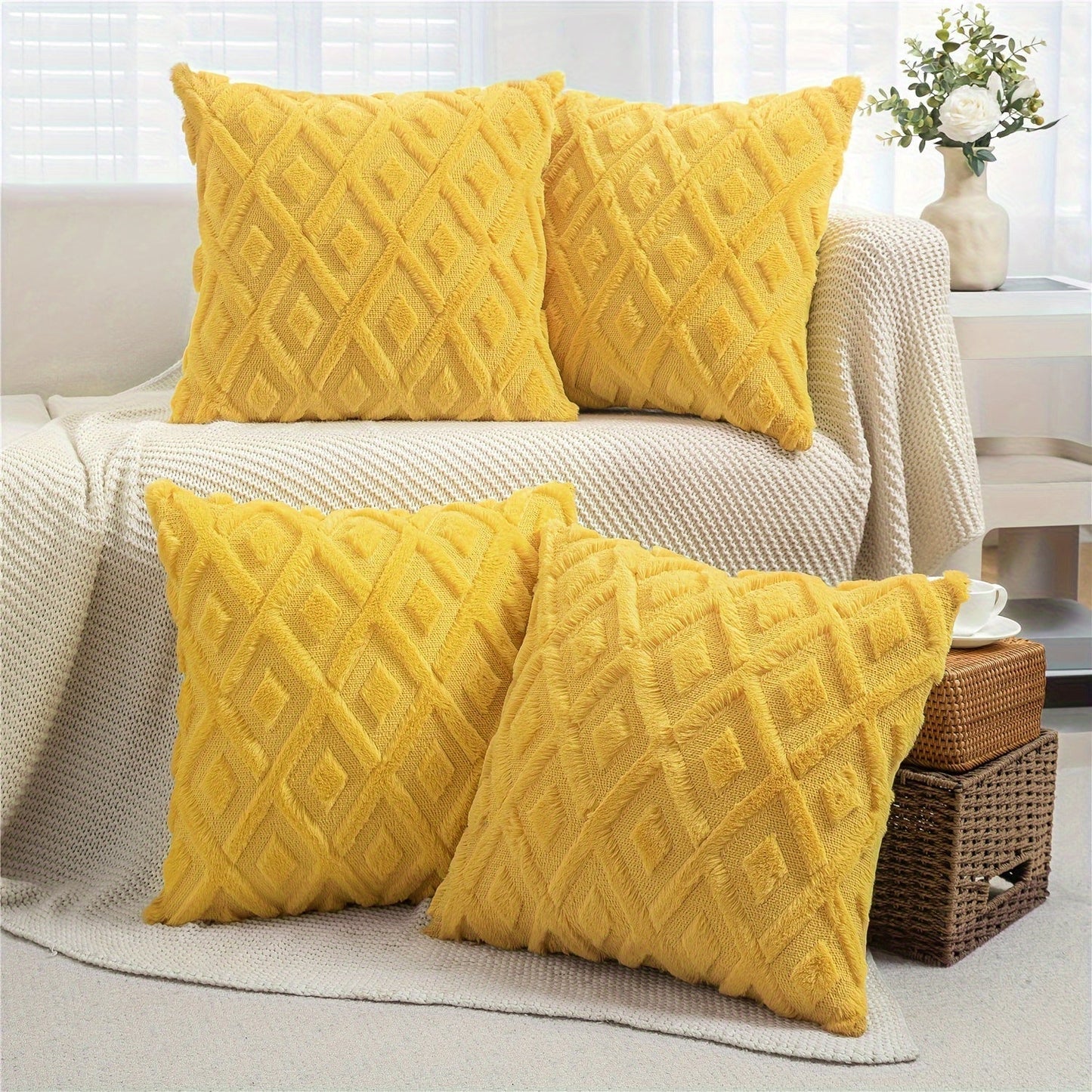 Luxury Faux Wool Pillow Covers 18x18 Set of 4 Boho Soft Plush Decorative Cushion Cases with Zipper for Couch Sofa Living Room