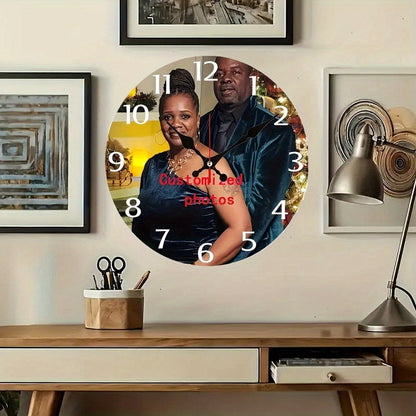 Personalized Custom Photo Wall Clock - Round Wood Silent Clock with Custom Text & Family Name, Self-Assembly