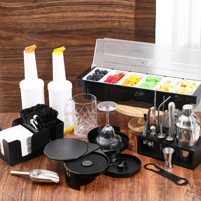 28-Piece Bartender Tool Set with Cocktail Shaker, Three-Tier Glass Rimmer, Garnish Tray and Organizers