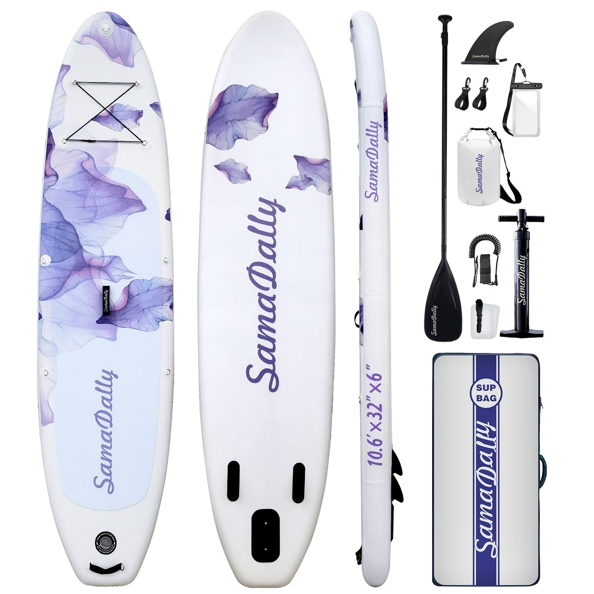 10.6-Foot Purple Floral Inflatable Paddle Board with EVA Deck, Paddle, Pump, Bag, Fin and Leash