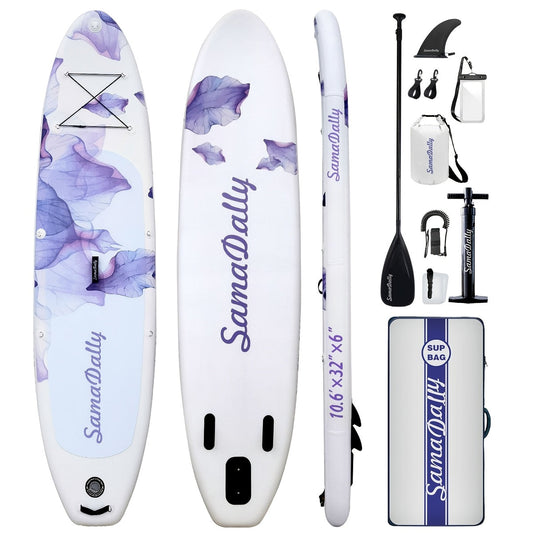 10.6-Foot Purple Floral Inflatable Paddle Board with EVA Deck, Paddle, Pump, Bag, Fin and Leash